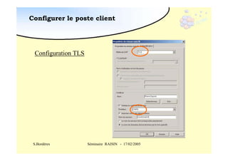 Configurer le poste client

Configuration TLS

S.Bordères

Séminaire RAISIN - 17/02/2005

 