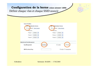Configuration de la borne (cisco aironet 1200)
Définir chaque vlan et chaque SSID associé

S.Bordères

Séminaire RAISIN - 17/02/2005

 