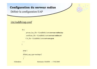 Configuration du serveur radius
Définir la configuration EAP

/etc/raddb/eap.conf
tls {
private_key_file = ${raddbdir}/certs/serveur-radius.key
certificate_file = ${raddbdir}/certs/serveur-radius.crt
CA_file = ${raddbdir}/certs/cert-cnrs.pem
……
}

peap {
….
default_eap_type=mschapv2
….
}
S.Bordères

Séminaire RAISIN - 17/02/2005

 