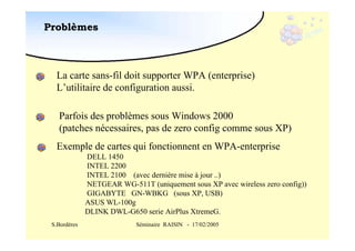 Problèmes

La carte sans-fil doit supporter WPA (enterprise)
L’utilitaire de configuration aussi.
Parfois des problèmes sous Windows 2000
(patches nécessaires, pas de zero config comme sous XP)
Exemple de cartes qui fonctionnent en WPA-enterprise
DELL 1450
INTEL 2200
INTEL 2100 (avec dernière mise à jour ..)
NETGEAR WG-511T (uniquement sous XP avec wireless zero config))
GIGABYTE GN-WBKG (sous XP, USB)
ASUS WL-100g
DLINK DWL-G650 serie AirPlus XtremeG.
S.Bordères

Séminaire RAISIN - 17/02/2005

 
