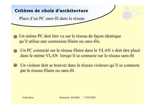 Critères de choix d’architecture
Place d’un PC sans-fil dans le réseau

Un même PC doit être vu sur le réseau de façon identique
qu’il utilise une connexion filaire ou sans-fils.
Un PC connecté sur le réseau filaire dans le VLAN x doit être placé
dans le même VLAN lorsqu’il se connecte sur le réseau sans-fil
Un visiteur doit se trouver dans le réseau visiteurs qu’il se connecte
par le réseau filaire ou sans-fil.

S.Bordères

Séminaire RAISIN - 17/02/2005

 