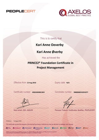 Kari Anne Oeverby
PRINCE2® Foundation Certificate in
Project Management
12 Aug 2016
GR633049813KO
Printed on 16 August 2016
N/A
9980068254291077
Kari Anne Øverby
 