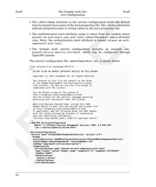 Draft The Sample Auth Ser-vice 
Configuration 
Draft 
62 
• The i18nFileName attribute in the service configuration holds the default 
(non-localized) base name of the Java properties file. The i18nKey attributes 
indicate properties keys to string values in the Java properties file. 
• The authentication level attribute name is taken from the module name: 
iplanet-am-auth-module-name-auth-level, where the module-name is all lower 
case. Here, the authentication level attribute is named iplanet-am-auth-sampleauth- 
auth-level. 
• The Sample Auth service configuration includes an example sam-pleauth- 
service-specific-attribute, which can be configured through 
OpenAM console. 
The service configuration file, amAuthSampleAuth.xml, is shown below. 
<?xml version="1.0" encoding="UTF-8"?> 
<!-- 
DO NOT ALTER OR REMOVE COPYRIGHT NOTICES OR THIS HEADER. 
Copyright (c) 2011 ForgeRock AS. All Rights Reserved 
The contents of this file are subject to the terms 
of the Common Development and Distribution License 
(the License). You may not use this file except in 
compliance with the License. 
You can obtain a copy of the License at 
http://forgerock.org/license/CDDLv1.0.html 
See the License for the specific language governing 
permission and limitations under the License. 
When distributing Covered Code, include this CDDL 
Header Notice in each file and include the License file 
at http://forgerock.org/license/CDDLv1.0.html 
If applicable, add the following below the CDDL Header, 
with the fields enclosed by brackets [] replaced by 
your own identifying information: 
"Portions Copyrighted [year] [name of copyright owner]" 
--> 
<!DOCTYPE ServicesConfiguration 
PUBLIC "=//iPlanet//Service Management Services (SMS) 1.0 DTD//EN" 
"jar://com/sun/identity/sm/sms.dtd"> 
<ServicesConfiguration> 
<Service name="iPlanetAMAuthSampleAuthService" version="1.0"> 
<Schema 
serviceHierarchy="/DSAMEConfig/authentication/iPlanetAMAuthSampleAuthService" 
i18nFileName="amAuthSampleAuth" revisionNumber="10" 
i18nKey="sampleauth-service-description"> 
<Organization> 
<AttributeSchema name="iplanet-am-auth-sampleauth-auth-level" 
type="single" syntax="number_range" rangeStart="0" rangeEnd="2147483647" 
i18nKey="a500"> 
<DefaultValues> 
<Value>1</Value> 
</DefaultValues> 
</AttributeSchema> 
 