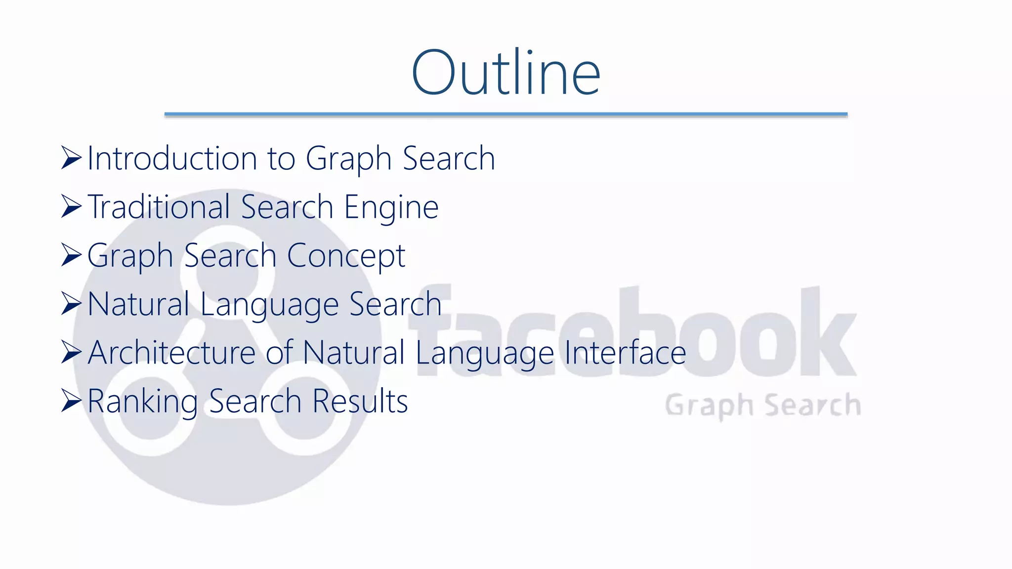 Outline
Introduction to Graph Search
Traditional Search Engine
Graph Search Concept
Natural Language Search
Architecture of Natural Language Interface
Ranking Search Results
 
