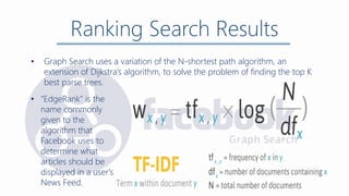Ranking Search Results
• Graph Search uses a variation of the N-shortest path algorithm, an
extension of Dijkstra’s algorithm, to solve the problem of finding the top K
best parse trees.
• “EdgeRank” is the
name commonly
given to the
algorithm that
Facebook uses to
determine what
articles should be
displayed in a user's
News Feed.
 
