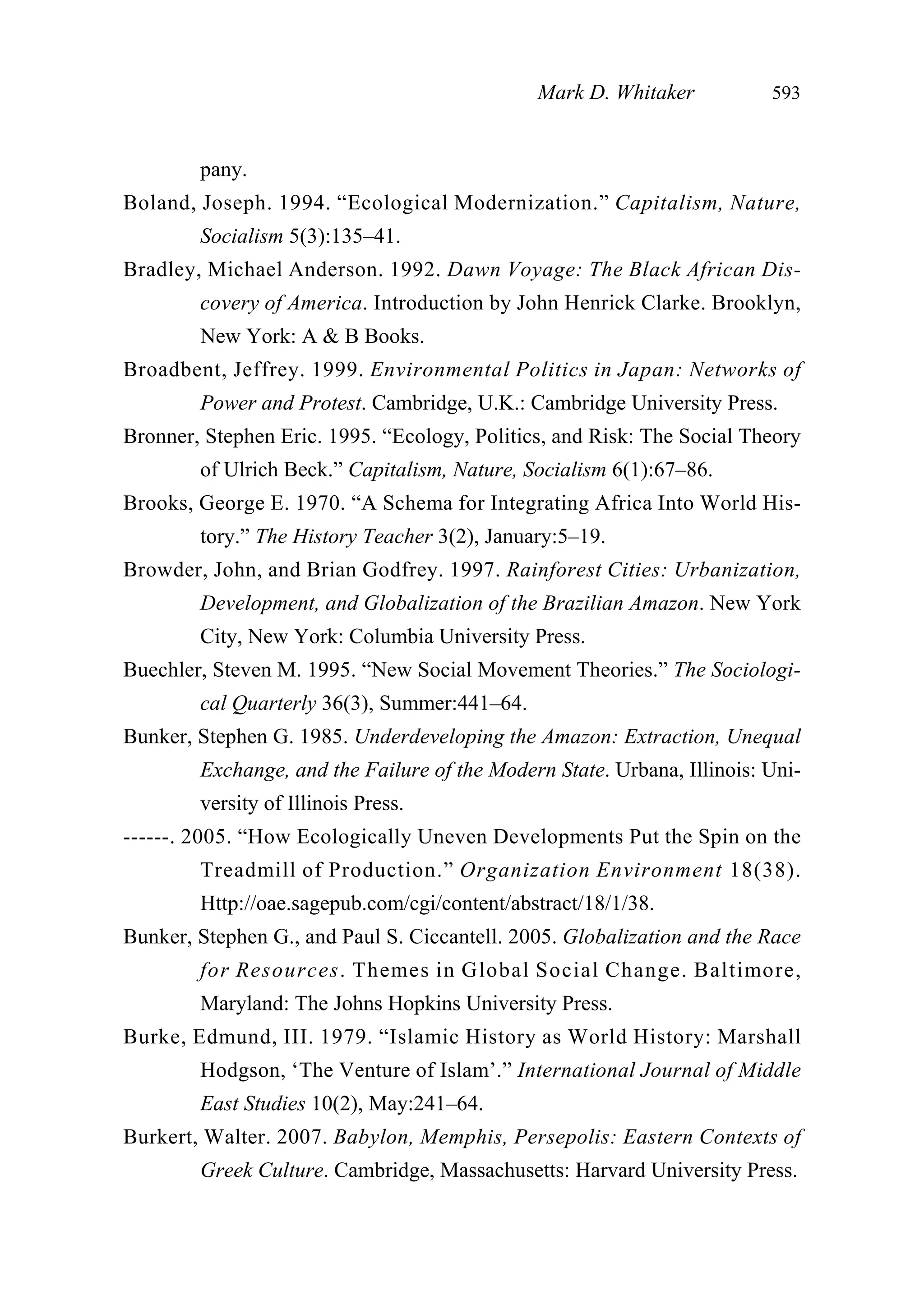 pany.
Boland, Joseph. 1994. “Ecological Modernization.” Capitalism, Nature,
Socialism 5(3):135–41.
Bradley, Michael Anderson. 1992. Dawn Voyage: The Black African Dis-
covery of America. Introduction by John Henrick Clarke. Brooklyn,
New York: A & B Books.
Broadbent, Jeffrey. 1999. Environmental Politics in Japan: Networks of
Power and Protest. Cambridge, U.K.: Cambridge University Press.
Bronner, Stephen Eric. 1995. “Ecology, Politics, and Risk: The Social Theory
of Ulrich Beck.” Capitalism, Nature, Socialism 6(1):67–86.
Brooks, George E. 1970. “A Schema for Integrating Africa Into World His-
tory.” The History Teacher 3(2), January:5–19.
Browder, John, and Brian Godfrey. 1997. Rainforest Cities: Urbanization,
Development, and Globalization of the Brazilian Amazon. New York
City, New York: Columbia University Press.
Buechler, Steven M. 1995. “New Social Movement Theories.” The Sociologi-
cal Quarterly 36(3), Summer:441–64.
Bunker, Stephen G. 1985. Underdeveloping the Amazon: Extraction, Unequal
Exchange, and the Failure of the Modern State. Urbana, Illinois: Uni-
versity of Illinois Press.
------. 2005. “How Ecologically Uneven Developments Put the Spin on the
Treadmill of Production.” Organization Environment 18(38).
Http://oae.sagepub.com/cgi/content/abstract/18/1/38.
Bunker, Stephen G., and Paul S. Ciccantell. 2005. Globalization and the Race
for Resources. Themes in Global Social Change. Baltimore,
Maryland: The Johns Hopkins University Press.
Burke, Edmund, III. 1979. “Islamic History as World History: Marshall
Hodgson, ‘The Venture of Islam’.” International Journal of Middle
East Studies 10(2), May:241–64.
Burkert, Walter. 2007. Babylon, Memphis, Persepolis: Eastern Contexts of
Greek Culture. Cambridge, Massachusetts: Harvard University Press.
Mark D. Whitaker 593
 