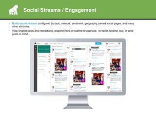•  Build social streams configured by topic, network, sentiment, geography, owned social pages, and many
other attributes.
•  View original posts and interactions, respond inline or submit for approval, re-tweet, favorite, like, or send
posts to CRM.
Social Streams / Engagement
 