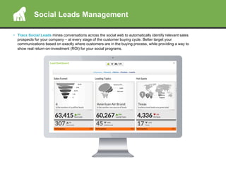•  Tracx Social Leads mines conversations across the social web to automatically identify relevant sales
prospects for your company – at every stage of the customer buying cycle. Better target your
communications based on exactly where customers are in the buying process, while providing a way to
show real return-on-investment (ROI) for your social programs.
Social Leads Management
 