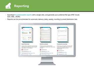 •  Download 9 customizable reports with a single click, and generate your preferred file type (PDF, Excel,
CSV, XML, JSON).
•  Reports can be pre-scheduled for automatic delivery (daily, weekly, monthly) to email distribution lists.
Reporting
 