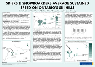 SKIERS & SNOWBOARDERS AVERAGE SUSTAINED
SPEED ON ONTARIO’S SKI HILLS
Jessica Hutzelmann ● Renat Mamine ● Bachelor of Arts ● Geographic Analysis ● Ryerson University
INTRODUCTION
Canada is a country known for its long, harsh winters where
daylight is shortened and temperatures drop well below the
freezing point. The winter season is dreaded by many, who
avoid the outdoors at all costs until the snow begins to melt from
the spring temperatures. However, those that ski and snowboard
anxiously wait for the first snowfall of the year so they can hit
the slopes until the end of the season.
The area of analysis for this project is skill hills in Ontario.
Specifically, the purpose is to perform a comparative assessment
of the sustained speeds achieved by skiers and snowboarders at
each hill throughout Ontario. Recent advances in technology has
led to devices that support wireless GPS applications. Specifical-
ly, the free application ‘Trace Snow’, supported by IPhone and
Android uses a GPS system to calculate and map users skiing/
snowboarding statistics internationally.
Overall, this process will produce a visual representation that
displays ski hills that have the fastest skiers/snowboarders versus
ski hills that have the slowest skiers/snowboarders. Furthermore,
utilization of the kernel density tool produces a visual represen-
tation that displays ‘hot spots’ or areas that have a high distribu-
tion of the fastest skiers/snowboarders in Ontario.
METHODOLOGY
Average sustained speed measures how well one can travel at
a high speed on a ski hill. It is measured by breaking up visits into
10 second increments and takes the overall maximum of those min-
imums (Trace Snow, 2015).
The ski hills chosen are both public and private. Through Ski
Central their location and addresses are extracted for geocoding
purposes. Using the Trace Snow Application, the top 5 sustained
speeds of skiers/snowboarders for each hill are gathered. Those
top 5 speeds are added together and divided by 5 to get the av-
erage. An excel spreadsheet is utilized containing columns with
headings of Ski Hills, Address, City, Province, Country and Average
Sustained Speed. Appropriate attributes are inputted under each
column and it is geocoded. Next, a boundary file for Canada is
obtained from Stats Can and uploaded to the ArcMap project. The
ski hill points are changed to graduated colour symbols in propor-
tion to top average sustained speed. Secondly, for greater effect,
the graduated colour symbols are manually sized in accordance to
the average sustained speed.
Overall, darker hues and a larger symbols represent a higher
average sustained speed and vice versa. The colour scheme uti-
lized is appropriate for the winter theme. An additional dot densi-
ty map is developed to see the topographic locations of each hill
and visualize the distribution of ski hills throughout Ontario. Lastly,
a Kernel Density map is created to visualize the ‘hot spots’ where
there is a large concentration of high average sustained speeds in
Ontario.
RESULTS & DISCUSSION
There is a high concentration of ski hills in south central Ontar-
io just north of the Greater Toronto Hamilton Area. There is a
lower number of ski hills in the northern part of Ontario. In total
there are 23 public and private ski hills. The map of average
sustained speed reveals that there is a cluster of the top speeds
within the extended boundaries of the golden horseshoe. The
fastest average sustained speed achieved is at Georgian Peaks
at 89 km/h. The lowest average sustained speed is at Dagmar
at 37.08 km/h. There are 10 ski hills that fall within the top two
classifications. They are as follows:
The kernel density/hot spot map shows that there is a concentra-
tion of high average sustained speeds in the Collingwood area.
REFERENCES
2011 Census - Boundary files. (n.d.). Retrieved from http://www12.statcan.gc.ca/census-recensement/2011/geo/bound-limit/bound-limit-2011-eng.cfm
SkiCentral - The #1 Search Site for Skiing and Snowboarding. (n.d.). Retrieved from http://skicentral.com/
Trace. (n.d.). Retrieved from https://snow.traceup.com/landing
0
10
20
30
40
50
60
70
80
90
100
Average Sustained Speed (km/h)
 