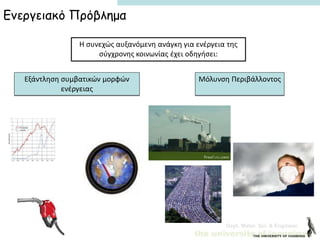 Dept. Mater. Sci. & Engineer.
Η συνεχώς αυξανόμενη ανάγκη για ενέργεια της
σύγχρονης κοινωνίας έχει οδηγήσει:
Μόλυνση ΠεριβάλλοντοςΕξάντληση συμβατικών μορφών
ενέργειας
Ενεργειακό Πρόβλημα
 