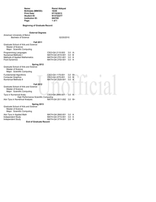 UnofficialUnofficial
Name: Ramzi Abbyad
Birthdate (MM/DD): 10/29
Print Date: 07/10/2013
Student ID: N13722277
Institution ID: 002785
Page: 1 of 1
Beginning of Graduate Record
External Degrees
American University of Beirut
Bachelor of Science 02/20/2010
Fall 2011
Graduate School of Arts and Science
Master of Science
Major: Scientific Computing
Programming Languages CSCI-GA 2110-003 3.0 A-
Numerical Methods I MATH-GA 2010-001 3.0 B
Methods of Applied Mathematics MATH-GA 2701-001 3.0 A
Fluid Dynamics MATH-GA 2702-001 3.0 A
Spring 2012
Graduate School of Arts and Science
Master of Science
Major: Scientific Computing
Fundamental Algorithms CSCI-GA 1170-001 3.0 B+
Computer Graphics CSCI-GA 2270-001 3.0 B
Numerical Methods II MATH-GA 2020-001 3.0 A
Fall 2012
Graduate School of Arts and Science
Master of Science
Major: Scientific Computing
Tpcs in Numerical Analy: CSCI-GA 2945-001 3.0 A-
High Performance Scientific Computing
Adv Tpcs in Numerical Analysis: MATH-GA 2011-002 3.0 B+
Spring 2013
Graduate School of Arts and Science
Master of Science
Major: Scientific Computing
Adv Tpcs in Applied Math MATH-GA 2840-001 3.0 A
Independent Study MATH-GA 3772-001 3.0 A
Independent Study MATH-GA 3774-001 3.0 A
End of Graduate Record
 