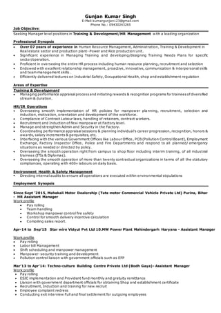 Gunjan Kumar Singh
E-Mail:kumargunjan123@gmail.com
Phone No.: 09430243265
Job Objective:
Seeking Manager level positions in Training & Development/HR Management with a leading organization
Professional Synopsis
 Over 07 years of experience in Human Resource Management, Administration, Training & Development in
Real estate sector and production plant- Power and Rice production unit.
 Significant experience in Managing Training and developing/designing Training Needs Plans for specific
sector/operation.
 Proficient in overseeing the entire HR process including human resource planning, recruitment and selection
 Endowed with excellent relationship management, proactive, innovative, communication & interpersonal skills
and team management skills.
 Efficiently delivered lectures on Industrial Safety, Occupational Health, shop and establishment regulation
Areas of Expertise
Training & Development
 Managing performance appraisalprocessand initiating rewards & recognition programs for traineesofdiversified
stream & duration.
HR/IR Operations
 Overseeing smooth implementation of HR policies for manpower planning, recruitment, selection and
induction, motivation, orientation and development of the workforce.
 Compliance of Contract Labour laws, handling of retainers, contract workers.
 Recruitment and Induction of flexi manpower at Factory level.
 Manage and strengthen Admin and Security in the Factory.
 Coordinating performance appraisal sessions & planning individual’s career progression, recognition, honors &
awards, salary increments & perquisites, etc.
 Interfacing with the various Government Offices like Labour Office, PCB (Pollution Control Board), Employment
Exchange, Factory Inspector Office, Police and Fire Departments and respond to all planned/ emergency
situations as needed or directed by policy.
 Overseeing the smooth operation right from campus to shop floor including interim training, of all industrial
trainees (ITIs & Diplomas).
 Overseeing the smooth operation of more than twenty contractual organizations in terms of all the statutory
compliances, operating with 400+ labours on daily basis.
Environment Health & Safety Management
 Directing internal audits to ensure all operations are executed within environmental stipulations
Employment Synopsis
Since Sept ‘2015, Mahakali Motor Dealership (Tata motor Commercial Vehicle Private Ltd) Purina, Bihar
- HR Assistant Manager
Work profile
 Pay rolling
 Team handling
 Workshop manpower control fire safety
 Control for smooth delivery incentive calculation
 Compiling sales report.
Apr-14 to Sep’15 Star wire Vidyut Pvt Ltd 10.MW Power Plant Mahindergarh Haryana - Assistant Manager
Work profile
 Pay rolling
 Labor bill Management
 Shift scheduling and manpower management
 Manpower- security training and development
 Pollution control liaison with government officials such as EFP
Mar’13 to Apr’14: Techno-culture Building Centre Private Ltd (Bodh Gaya)- Assistant Manager
Work profile
 Pay rolling
 ESIC implementation and Provident fund monthly and gratuity remittance
 Liaison with government department officials for obtaining Shop and establishment certificate
 Recruitment, Induction and training for new recruit
 Employee complaint redress
 Conducting exit interview Full and final settlement for outgoing employees
 