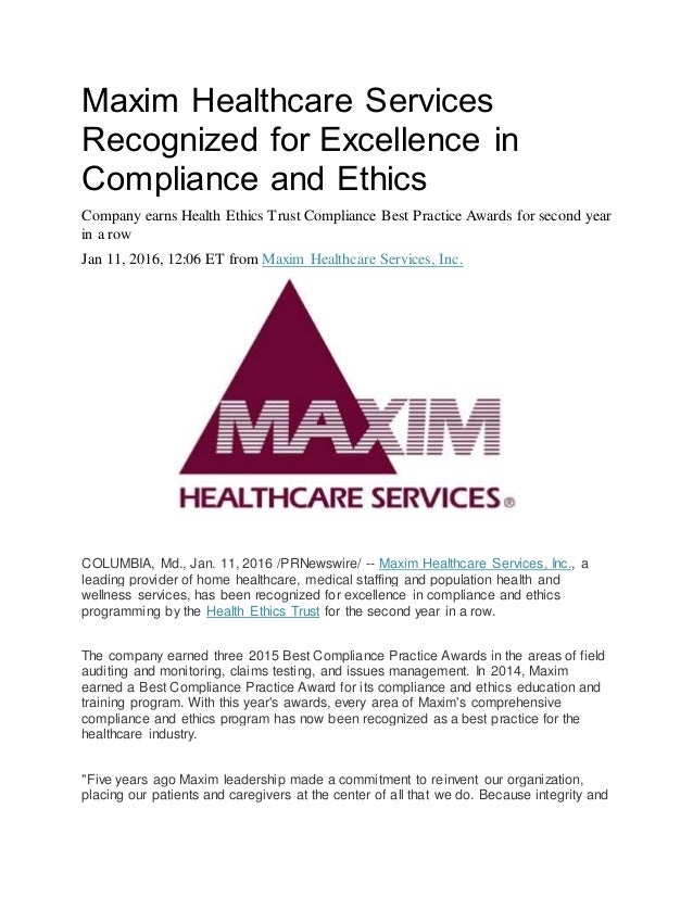 Maxim Healthcare Services Recognized for Excellence in Compliance and