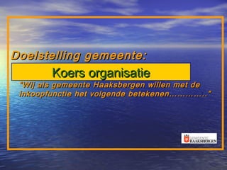 Koers organisatieKoers organisatie
Doelstelling gemeente:Doelstelling gemeente:
““Wij als gemeente Haaksbergen willen met deWij als gemeente Haaksbergen willen met de
inkoopfunctie het volgende betekenen…………..”inkoopfunctie het volgende betekenen…………..”
 