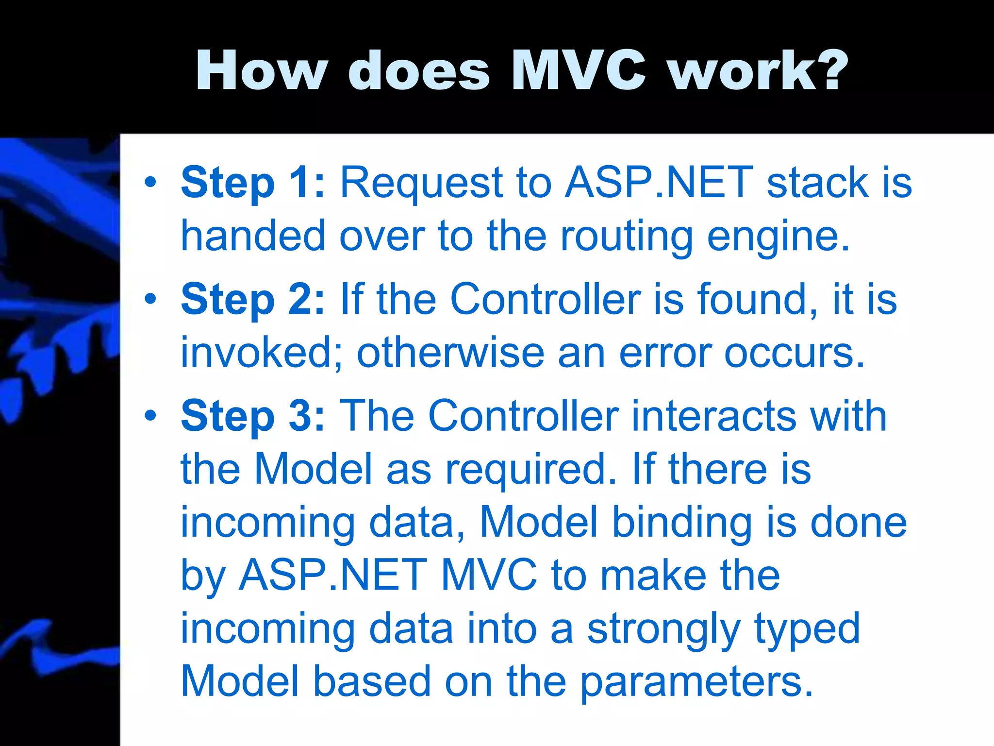 How does MVC work?
• Step 1: Request to ASP.NET stack is
handed over to the routing engine.
• Step 2: If the Controller is found, it is
invoked; otherwise an error occurs.
• Step 3: The Controller interacts with
the Model as required. If there is
incoming data, Model binding is done
by ASP.NET MVC to make the
incoming data into a strongly typed
Model based on the parameters.
 