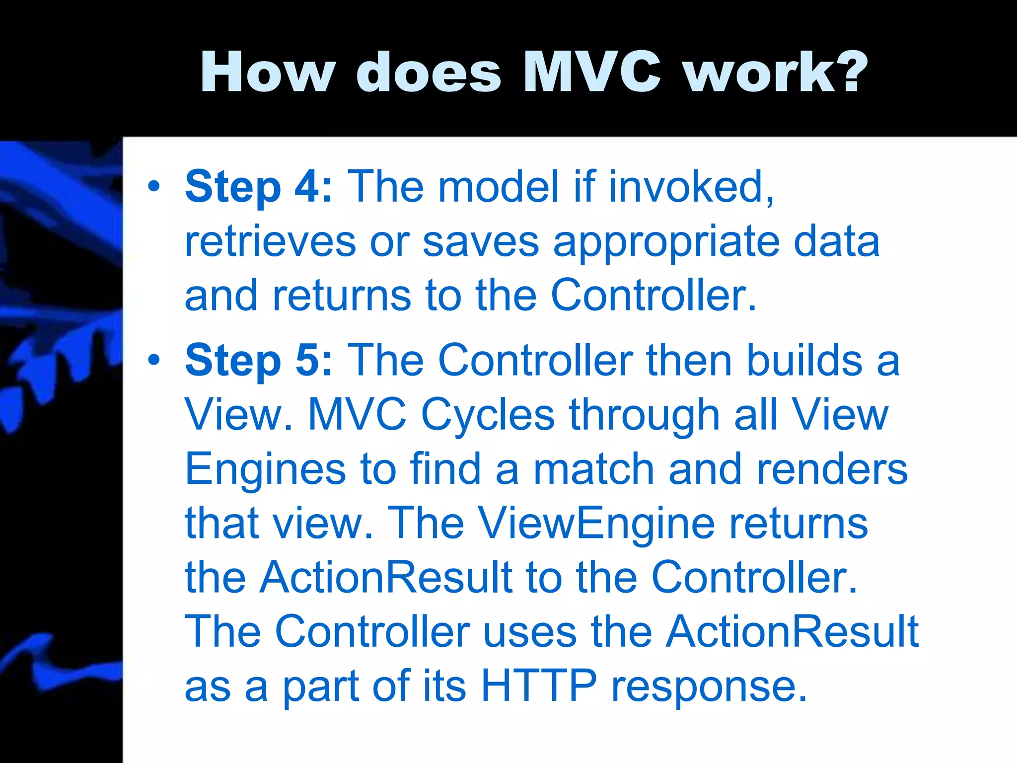 How does MVC work?
• Step 4: The model if invoked,
retrieves or saves appropriate data
and returns to the Controller.
• Step 5: The Controller then builds a
View. MVC Cycles through all View
Engines to find a match and renders
that view. The ViewEngine returns
the ActionResult to the Controller.
The Controller uses the ActionResult
as a part of its HTTP response.
 