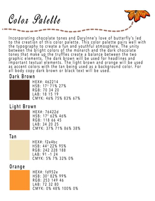 HEX#: fd952e
HSB: 30 82% 99%
RGB: 253 149 46
LAB: 72 32 80
CMYK: 0% 48% 100% 0%
Orange
HEX#: f2e4bc
HSB: 44 22% 95%
RGB: 242 228 188
LAB: 91 -1 24
CMYK: 5% 7% 32% 0%
Tan
HEX#: 76422d
HSB: 17 62% 46%
RGB: 118 66 45
LAB: 34 20 25
CMYK: 37% 71% 86% 38%
Light Brown
HEX#: 462214
HSB: 17 71% 27%
RGB: 70 34 20
LAB: 18 15 19
CMYK: 46% 75% 83% 67%
Dark Brown
Page 6
Incorporating chocolate tones and Darylnne’s love of butterfly’s led
to the creation of this color palette. This color palette pairs well with
the typography to create a fun and youthful atmosphere. The unity
between the bright colors of the monarch and the dark chocolate
tones that make up the truffles create a balance between the two
graphic elements. The dark brown will be used for headlines and
important textual elements. The light brown and orange will be used
as accent colors wias accent colors with the tan being used as a background color. For
all body copy dark brown or black text will be used.
 