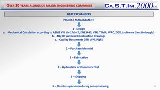 OVER 30 YEARS ALONGSIDE MAJOR ENGINEERING COMPANIES
24
PROJECT MANAGEMENT
HEAT EXCHANGERS
1 - Design
a. Mechanical Calculation according to ASME VIII div 1/div 2, EN13445, VSR, TEMA, WRC, ZICK. (software Sant’Ambrogio)
b. 2D/3D Autocad Construction Drawings
c. Quality Documents (ITP, WPS,PQR)
2 – Purchase Material
4 – Hydrostatic or Pneumatic Test
5 – Shipping
6 – On site supervision during commissioning
3 – Fabrication
 