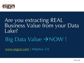 Are you extracting REAL
Business Value from your Data
Lake?
July 2016
Big Data Value NOW !
www.esgyn.com | Milpitas, CA
 