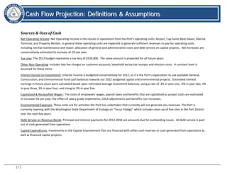 27
CCaasshh FFllooww PPrroojjeeccttiioonn:: DDeeffiinniittiioonnss && AAssssuummppttiioonnss
Definitions & Assumptions
Sources & Uses of Cash
Net Operating Income: Net Operating Income is the results of operations from the Port’s operating units: Airport, Cap Sante Boat Haven, Marine
Terminal, and Property Rentals. In general these operating units are expected to generate sufficient revenues to pay for operating costs
including normal maintenance and repair, allocation of general and administrative costs and debt service on capital projects. Net Increases are
conservatively estimated to increase at 1% per year.
Tax Levy: The 2012 budget represents a tax levy of $530,000. The same amount is projected for all future years.
Other Non-Operating: Includes late fee charges on customer accounts, leasehold excise tax receipts and election costs. A constant level is
assumed for these items.
Interest Earned on Investments: Interest income is budgeted conservatively for 2012, as it is the Port’s expectation to use available General,
Construction, and Environmental Fund cash balances towards our 2012 budgeted capital and environmental projects. Estimated interest
earnings in future years were calculated based upon estimated average investment balances, using a rate of .3% in year one, .5% in year two, 1%
in year three, 2% in year four, and rising to 3% in year five.
Capitalized & Reclassified Wages : The costs of employees’ wages, payroll taxes and benefits that are capitalized as project costs are estimated
to increase 5% per year, the effect of salary grade implements, COLA adjustments and benefits cost increases.
Environmental Expenses: These costs are for activities the Port has undertaken that currently will not generate any revenues. The Port is
currently teaming with the Washington State Department of Ecology on “Focus Fidalgo” which includes clean-up of five sites in the Port District
over the next few years.
Debt Service on Revenue Bonds: Principal and interest payments for 2012-2016 are amounts due for outstanding issues. All debt service is paid
out of cash generated from operations.
Capital Expenditures: Investments in the Capital Improvement Plan are financed with either cash reserves or cash generated from operations as
well as financed capital projects.
 