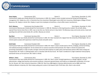 5
CCoommmmiissssiioonneerrss
Commissioners
Steve Hopley Commissioner 2011 District 3 Term Expires: December 31, 2011
Commissioner Hopley was initially elected Port Commissioner in 2003. Mr. Hopley’s career included commercial fishing and fishing/vessel
management. Mr. Hopley has a B.A. in Chemistry from the University of Washington and an MA from University of Washington College of Forest
Resources. Mr. Hopley is retired. Mrs. Hopley is a part-time employee at Sonofresco, a local coffee roaster manufacturer.
Pat D. Mooney Commission Vice-President 2011 District 4 Term Expires: December 31, 2011
Commissioner Mooney was initially elected Port Commissioner in 1999. Mr. Mooney is a life-long Anacortes resident. He and wife, Betty,
opened Piston Service Auto Parts in 1967, now run by their son, Patrick and son-in-law, Kenth. The Mooneys enjoy community service, travel and
spending time with their active family. Mr. and Mrs. Mooney are retired.
Ray Niver Commission Secretary 2011 District 1 Term Expires: December 31, 2013
Commissioner Niver was initially elected Port Commissioner in 2001. Mr. Niver received a B.S. degree from the University of Washington. He is a
retired systems analyst with experience in both the private and public sector.
Keith Rubin Commission President 2011 District 5 Term Expires: December 31, 2013
Commissioner Rubin was initially elected Port Commissioner in 2005. Mr. Rubin's careers include work on ferries, dredging, commercial fishing
and seafood processing management. He has owned and run several successful small businesses. Mr. Rubin is retired and spends time
promoting sustainability in order to build a stronger community with emphasis on public policy and how those policies affect food, energy and
transportation. Mr. Rubin is a lifelong boater and is a volunteer with the Sea Scouts. Mr. Rubin is landlord of a single residential rental property
and boards horses on his local farm. Mrs. Rubin is retired.
William L. Short Commissioner 2011 District 2 Term Expires: December 31, 2013
Commissioner Short was initially elected Port Commissioner in 2001. Mr. Short’s career included experience as a design engineer, aircraft
administrator, college level business and economic professor, restaurant operator/owner and finally as an independent stockbroker of his own
firm for 18 years. Mr. Short retired to Anacortes in 1996. Mr. Short has a BBA degree in Business Administration and an MBA, both from
California Western University. Mr. Short enjoys sailing and is active in the Kiwanis Club’s Thrift Store. Mrs. Short is also retired.
 