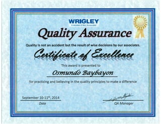 CERTIFICATE OF EXCELLENCE FROM QA 2014 | PDF