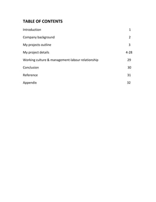 TABLE OF CONTENTS
Introduction 1
Company background 2
My projects outline 3
My project details 4-28
Working culture & management-labour relationship 29
Conclusion 30
Reference 31
Appendix 32
 