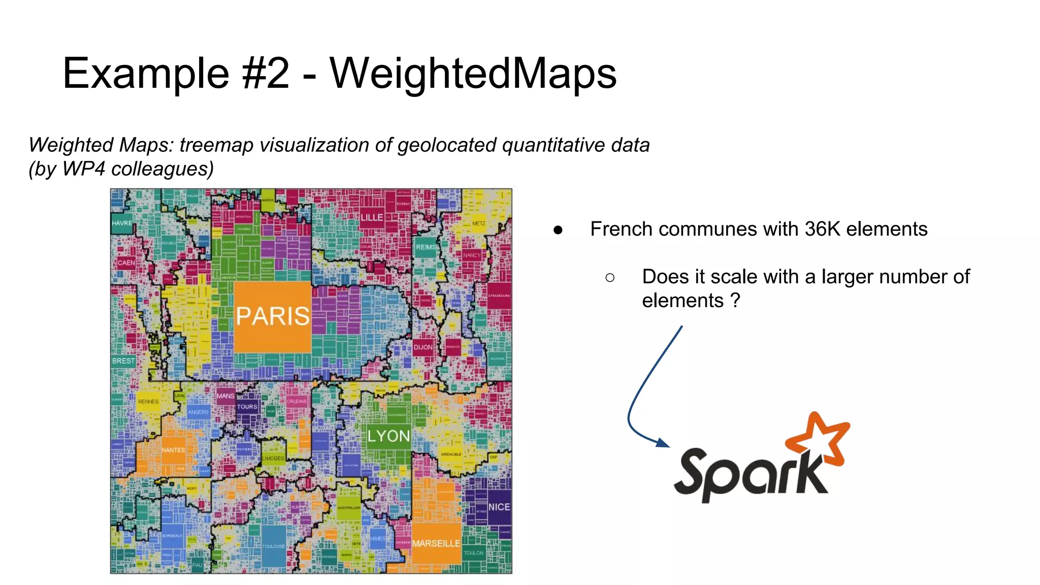 Example #2 - WeightedMaps
Weighted Maps: treemap visualization of geolocated quantitative data
(by WP4 colleagues)
● French communes with 36K elements
○ Does it scale with a larger number of
elements ?
 