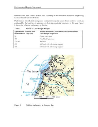 Environmental Impact Assessment 8
offshore zone, with coarser particle sizes occurring in the immediate nearshore progressing
to much finer fractions offshore.
Predominant littoral drift (alongshore sediment transport) occurs from north to south, as
evidenced by the build-up of sediment on shore-perpendicular structures in this area. Figure
2 shows the offshore bathymetry at the site.
Table 2 Results of Grab Sample Analysis
Approximate Distance from
Seaward Road Edge (m)
Benthic Substrate Characteristics as obtained from
Grab Sample Inspection
50 Coarse black sand
100 Fine black/grey sand
150-200 Silt/mud
400 Silt/mud with colonizing seagrass
450 Silt/mud with colonizing seagrass
Figure 2 Offshore bathymetry at Gouyave Bay
 
