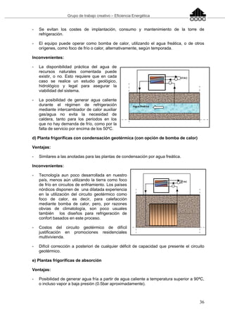 Grupo de trabajo creativo – Eficiencia Energética
36
- Se evitan los costes de implantación, consumo y mantenimiento de la torre de
refrigeración.
- El equipo puede operar como bomba de calor, utilizando el agua freática, o de otros
orígenes, como foco de frío o calor, alternativamente, según temporada.
Inconvenientes:
- La disponibilidad práctica del agua de
recursos naturales comentada puede
existir, o no. Esto requiere que en cada
caso se realice un estudio geológico,
hidrológico y legal para asegurar la
viabilidad del sistema.
- La posibilidad de generar agua caliente
durante el régimen de refrigeración
mediante intercambiador de calor auxiliar
gas/agua no evita la necesidad de
caldera, tanto para los periodos en los
que no hay demanda de frío, como por la
falta de servicio por encima de los 50ºC.
d) Planta frigoríficas con condensación geotérmica (con opción de bomba de calor)
Ventajas:
- Similares a las anotadas para las plantas de condensación por agua freática.
Inconvenientes:
- Tecnología aun poco desarrollada en nuestro
país, menos aún utilizando la tierra como foco
de frío en circuitos de enfriamiento. Los países
nórdicos disponen de una dilatada experiencia
en la utilización del circuito geotérmico como
foco de calor, es decir, para calefacción
mediante bomba de calor, pero, por razones
obvias de climatología, son poco usuales
también los diseños para refrigeración de
confort basados en este proceso.
- Costos del circuito geotérmico de difícil
justificación en promociones residenciales
multivivienda.
- Difícil corrección a posteriori de cualquier déficit de capacidad que presente el circuito
geotérmico.
e) Plantas frigoríficas de absorción
Ventajas:
- Posibilidad de generar agua fría a partir de agua caliente a temperatura superior a 90ªC,
o incluso vapor a baja presión (0.5bar aproximadamente).
 