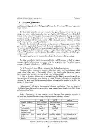 Existing Solutions for Farm Management Packagers
3.1.2 Pacman, Solarpack
Applications independent from the Operating System also do exist; a widely-used representa-
tive is pacman.
The basic idea is similar, but here, instead of the special format, simple tar and gzip
compressed (.tar.gz) ﬁles are used. A build script (called PKGBUILD) must be provided, which
is used for the same purpose as the previously mentioned speciﬁcations. Having operational
contents together with data, this one is more similar to the rpm specfile. The command set
pacman is based on still restricts the tool to UNIX and related systems, but this is already a
much wider scale than a speciﬁc distribution.
The price for simplicity is less control over the structure of the package contents. Other
properties are very similar to the previously discussed packager applications. A local database
for pacman is also built, which enables querying package information. Dependencies are pos-
sible to deﬁne too, which are taken into account during installation. Synchronization (upgrade)
with an FTP repository is possible. pacman doesn’t have uniﬁed mirrors, but individual repos-
itories instead.
This can be a useful tool for instance, for software distributions within an institute.
The idea is similar to what is implemented in the NetBSD system. A built-in package
manager does basically the same as pacman, using also tar-gzipped ﬁles. The Solaris package
manager Solarpack is based on the NetBSD solution.
Not all Operating Systems follow a structured way for handling packages.
Previous windows versions, for instance, didn’t have such a built-in mechanism, which
made it hard to keep track of the installed software. Not knowing what ﬁles a new package
have brought to the box, software removal was often not an easy task.
In order to ﬁx this problem solutions are developed, but they use a completely different
approach than the mentioned tools. Instead of a local database, information is added to the
package. The same is true for package manipulation: uninstall will be handled by facilities that
came with the software.
Packagers aren’t only useful for managing individual installations. Their functionalities
should also be considered, when planning large scale, package based installations, which should
deﬁnitely proﬁt of them.
Tables 3.1 summarizes the most important aspects discussed above regarding properties of
the tools, and shows differences between their deployment and query software.
DEB RPM pacman
Package Internals strict structure strict structure
OS-es
Debian Linux
(only)
RedHat Linux
(only)
UNIX based
systems
Dependencies handled handled
Automatic down-
load and install
yes no
Availability (mir-
rors)
stable, ofﬁcial not fully reliable user-deﬁned rep.-s
Queries complex simple complex (statements)
Table 3.1: Summary of the discussed Package Managers
27
 
