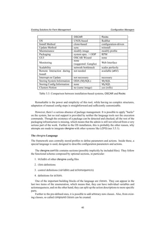 Existing Solutions for Farm Management Conﬁguration Managers
OSCAR Rocks
OS UNIX-based RedHat
Install Method clone-based conﬁguration-driven
Update Method sync reinstall
Maintainance modify image modify proﬁle
Packaging system spec. + ODP RPM
GUI OSCAR Wizard none
Monitoring
none
(suggested: Ganglia) Web Interface
Scalability network bottleneck scales perfectly
Remote Interaction during
Install
not needed available (eKV)
Interrupt on Update not necessary necessary
Storing System Information ODA (MySQL) MySQL
Storing Conﬁg Information none MySQL
Clusters Notion no (same image) yes (rolls)
Table 3.3: Comparison between installation-based systems, OSCAR and Rocks
Remarkable is the power and simplicity of this tool, while having no complex structures,
adaptation of manual conﬁg steps is straightforward and sufﬁciently customizable.
However, there’s a serious absence of package management. It is possible to apply "hacks"
on the system, but no real support is provided by neither the language tools nor the execution
commands. Though the existence of a package can be detected and checked, all the rest of the
packaging infrastructure is missing, which means that the admin is still not relieved from a very
serious part of the work. Further to the OS installation, this is probably the other reason, why
attempts are made to integrate cfengine with other systems like LCFG (see 3.5.1).
The cfengine Language
The framework uses centrally stored proﬁles to deﬁne parameters and actions. Inside these, a
special language is used, designed to describe conﬁguration parameters and actions.
The cfengine.conf ﬁle contains sections (possibly implicitly by included ﬁles). They follow
the functional scheme composed by optional sections, in particular:
1. includes of other cfengine conﬁg ﬁles
2. class deﬁnitions
3. control deﬁnitions (variables and actionsequences)
4. deﬁnitions for actions.
One of the important building blocks of the language are classes. They can appear in the
last two items of the enumeration, which means that, they can have individual variables and
actionsequences, and on the other hand, they can split up the action descriptions to more speciﬁc
parts.
Further to the pre-deﬁned ones, it is possible to add arbitrary new classes. Also, from exist-
ing classes, so called compound classes can be created.
40
 