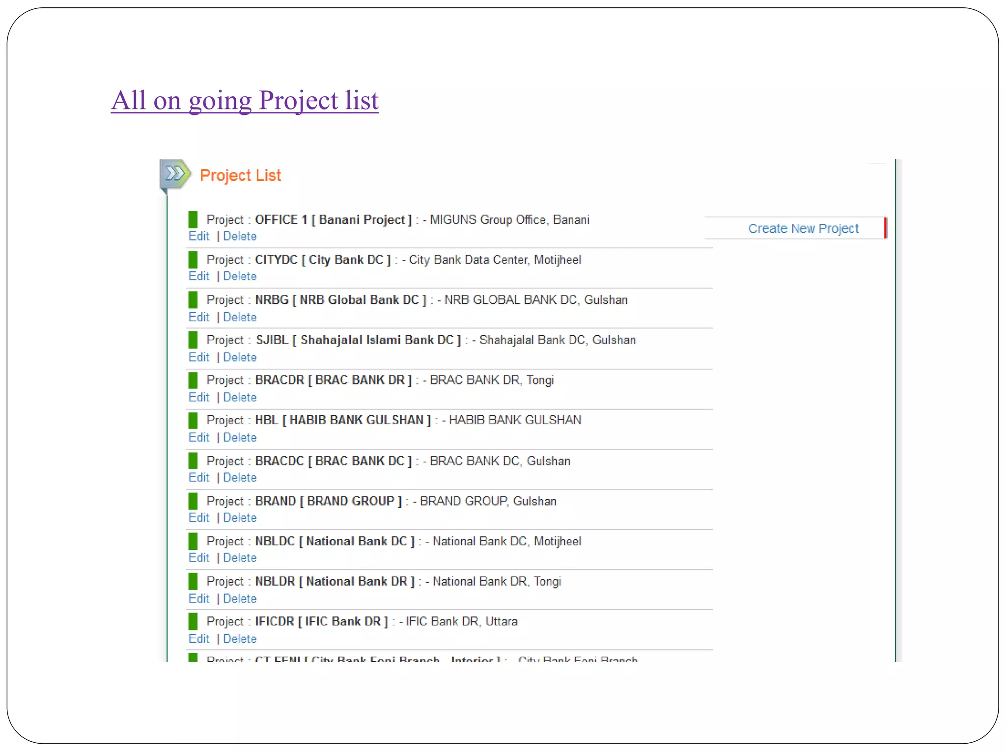All on going Project list
 