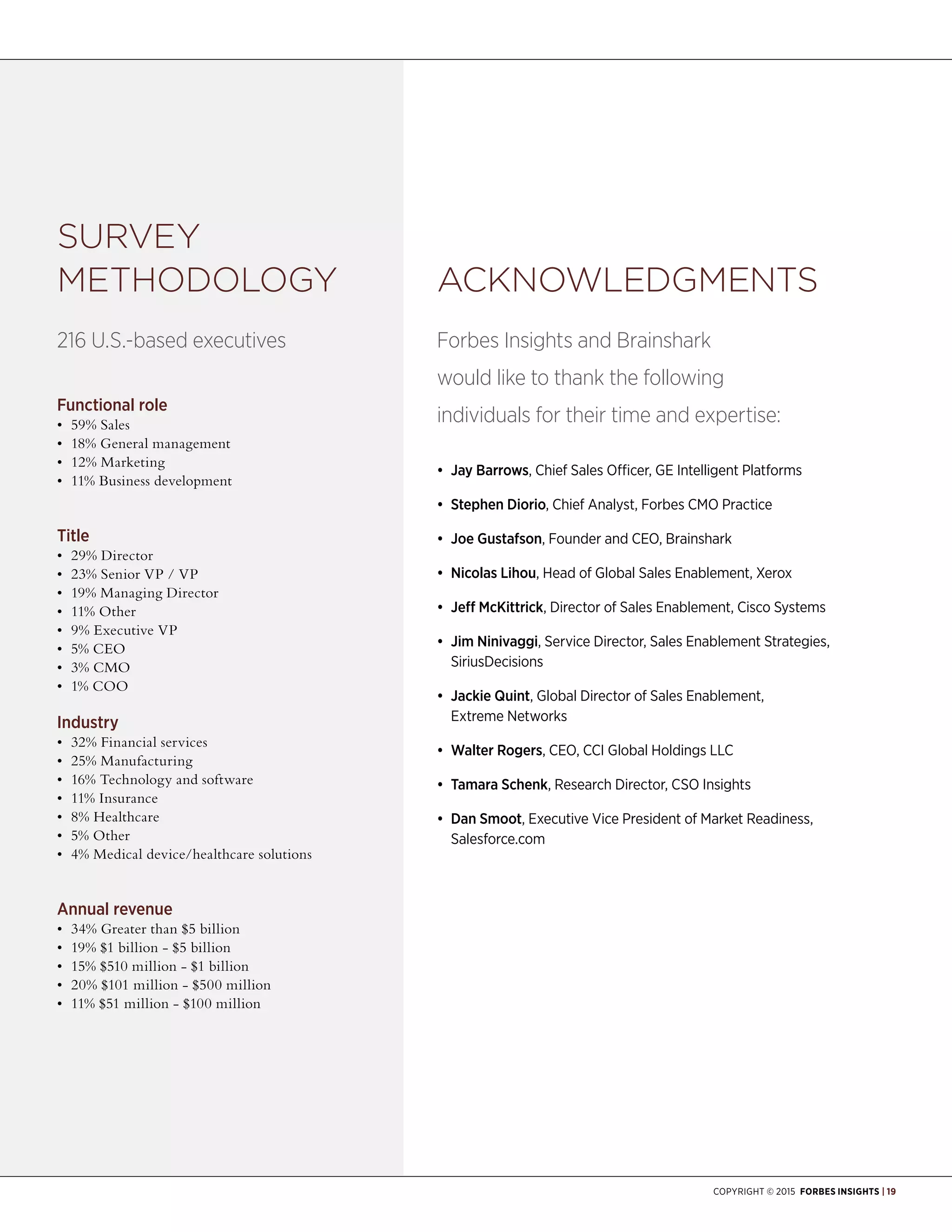 Copyright © 2015 Forbes Insights | 19
Functional role
•	 59% Sales
•	 18% General management
•	 12% Marketing
•	 11% Business development
Title
•	 29% Director
•	 23% Senior VP / VP
•	 19% Managing Director
•	 11% Other
•	 9% Executive VP
•	 5% CEO
•	 3% CMO
•	 1% COO
Industry
•	 32% Financial services
•	 25% Manufacturing
•	 16% Technology and software
•	 11% Insurance
•	 8% Healthcare
•	 5% Other
•	 4% Medical device/healthcare solutions
Annual revenue
•	 34% Greater than $5 billion
•	 19% $1 billion - $5 billion
•	 15% $510 million - $1 billion
•	 20% $101 million - $500 million
•	 11% $51 million - $100 million
Survey
Methodology
216 U.S.-based executives
Acknowledgments
Forbes Insights and Brainshark
would like to thank the following
individuals for their time and expertise:
	
•	 Jay Barrows, Chief Sales Officer, GE Intelligent Platforms
•	 Stephen Diorio, Chief Analyst, Forbes CMO Practice
•	 Joe Gustafson, Founder and CEO, Brainshark
•	 Nicolas Lihou, Head of Global Sales Enablement, Xerox
•	 Jeff McKittrick, Director of Sales Enablement, Cisco Systems
•	 Jim Ninivaggi, Service Director, Sales Enablement Strategies,
SiriusDecisions
•	 Jackie Quint, Global Director of Sales Enablement,
Extreme Networks
•	 Walter Rogers, CEO, CCI Global Holdings LLC
•	 Tamara Schenk, Research Director, CSO Insights
•	 Dan Smoot, Executive Vice President of Market Readiness,
Salesforce.com
 