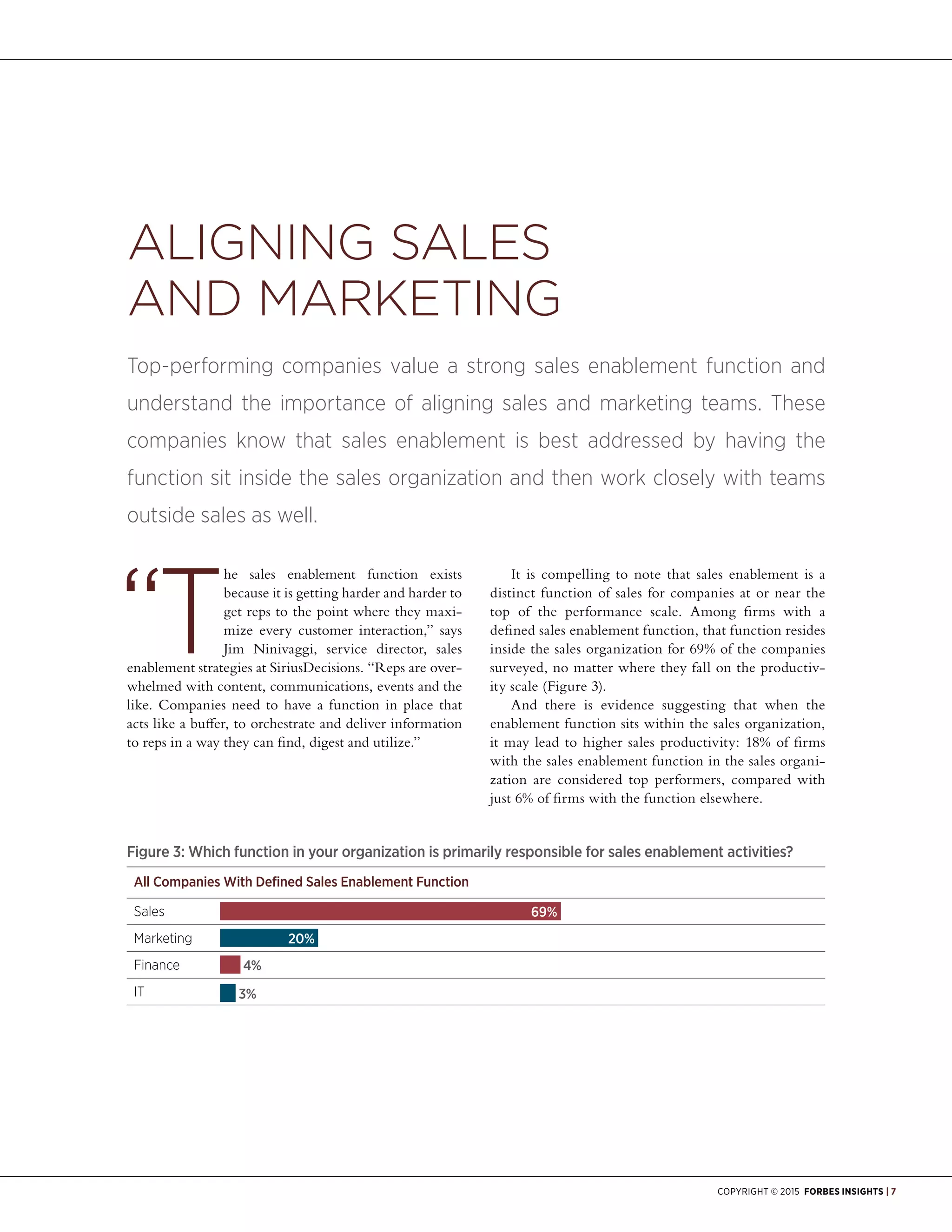 Copyright © 2015 Forbes Insights | 7
Aligning Sales
and Marketing
Top-performing companies value a strong sales enablement function and
understand the importance of aligning sales and marketing teams. These
companies know that sales enablement is best addressed by having the
function sit inside the sales organization and then work closely with teams
outside sales as well.
T
he sales enablement function exists
because it is getting harder and harder to
get reps to the point where they maxi-
mize every customer interaction,” says
Jim Ninivaggi, service director, sales
enablement strategies at SiriusDecisions. “Reps are over-
whelmed with content, communications, events and the
like. Companies need to have a function in place that
acts like a buffer, to orchestrate and deliver information
to reps in a way they can find, digest and utilize.”
It is compelling to note that sales enablement is a
distinct function of sales for companies at or near the
top of the performance scale. Among firms with a
defined sales enablement function, that function resides
inside the sales organization for 69% of the companies
surveyed, no matter where they fall on the productiv-
ity scale (Figure 3).
And there is evidence suggesting that when the
enablement function sits within the sales organization,
it may lead to higher sales productivity: 18% of firms
with the sales enablement function in the sales organi-
zation are considered top performers, compared with
just 6% of firms with the function elsewhere.
Figure 3: Which function in your organization is primarily responsible for sales enablement activities?
All Companies With Defined Sales Enablement Function
Sales	 69% 		
Marketing	 20% 	
Finance	 4% 		
IT	 3% 		
 