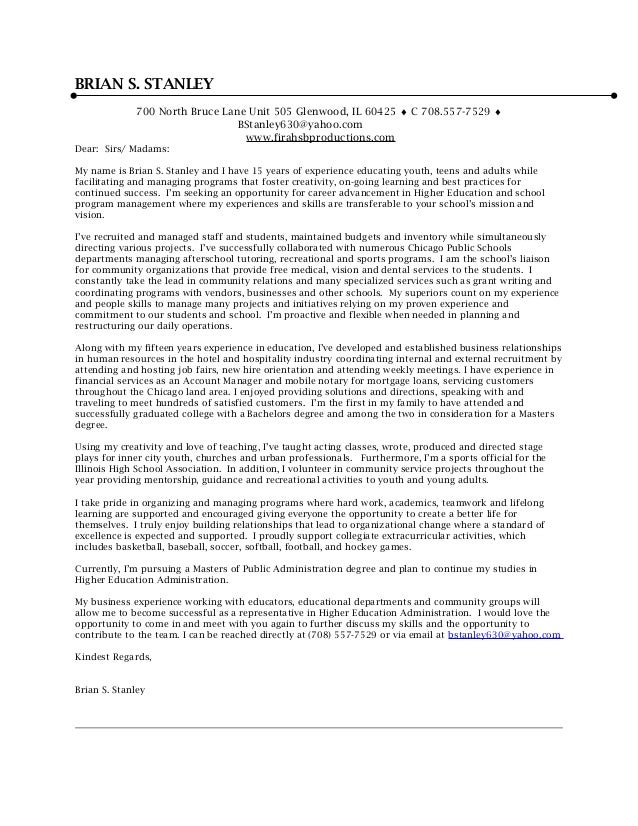brian s stanley cover letter cover letter higher education administration