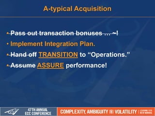 • Pass out transaction bonuses … ~!
• Implement Integration Plan.
• Hand off TRANSITION to “Operations.”
• Assume ASSURE performance!
A-typical Acquisition
 