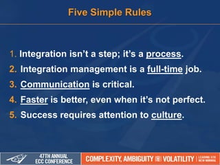 1. Integration isn’t a step; it’s a process.
2. Integration management is a full-time job.
3. Communication is critical.
4. Faster is better, even when it’s not perfect.
5. Success requires attention to culture.
Five Simple Rules
 