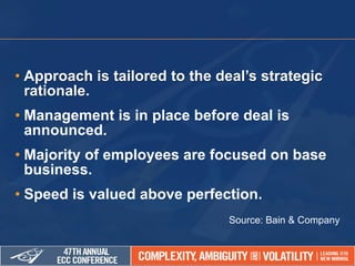 • Approach is tailored to the deal’s strategic
rationale.
• Management is in place before deal is
announced.
• Majority of employees are focused on base
business.
• Speed is valued above perfection.
Source: Bain & Company
 