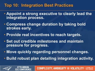 • Appoint a strong executive to clearly lead the
integration process.
• Compress change duration by taking bold
strokes early.
• Provide real incentives to reach targets.
• Set out credible milestones and maintain
pressure for progress.
• Move quickly regarding personnel changes.
• Build robust plan detailing integration activity.
Top 10: Integration Best Practices
 