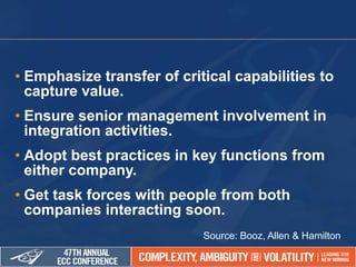 • Emphasize transfer of critical capabilities to
capture value.
• Ensure senior management involvement in
integration activities.
• Adopt best practices in key functions from
either company.
• Get task forces with people from both
companies interacting soon.
Source: Booz, Allen & Hamilton
 