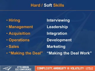 • Hiring Interviewing
• Management Leadership
• Acquisition Integration
• Operations Development
• Sales Marketing
• “Making the Deal” “Making the Deal Work”
Hard / Soft Skills
 