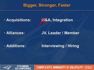 • Acquisitions: M&A, Integration
• Alliances: JV, Leader / Member
• Additions: Interviewing / Hiring
Bigger, Stronger, Faster
 