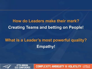 How do Leaders make their mark?
Creating Teams and betting on People!
What is a Leader’s most powerful quality?
Empathy!
 