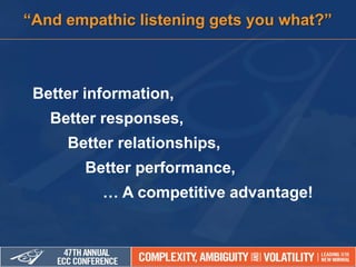 Better information,
Better responses,
Better relationships,
Better performance,
… A competitive advantage!
“And empathic listening gets you what?”
 