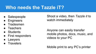 Who needs the Tazzle iT?
Shoot a video, then Tazzle it to
watch immediately
Anyone can easily transfer
mobile photos, docs, music, and
videos to your PC
Mobile print to any PC’s printer
● Salespeople
● Engineers
● Tradesmen
● Teachers
● Students
● First responders
● Lawyers
● Travelers
 
