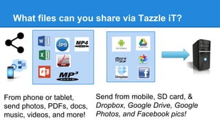 What files can you share via Tazzle iT?
From phone or tablet,
send photos, PDFs, docs,
music, videos, and more!
Send from mobile, SD card, &
Dropbox, Google Drive, Google
Photos, and Facebook pics!
 