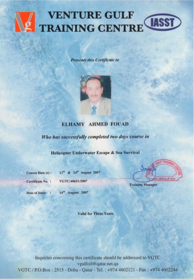 Helicopter Underwater Escape & Sea Survival Certificate – Venture Gulf