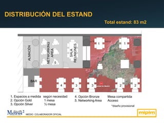 DISTRIBUCIÓN DEL ESTAND
4. Opción Bronze Mesa compartida
5. Networking Area Acceso
ALMACÉN
BAR
Total estand: 83 m2
SALA
REUNIONES
*diseño provisional
MEDIO COLABORADOR OFICIAL
NETWORKING
AREA
1. Espacios a medida según necesidad
2. Opción Gold 1 mesa
3. Opción Silver ½ mesa
1 1
22334
5
 